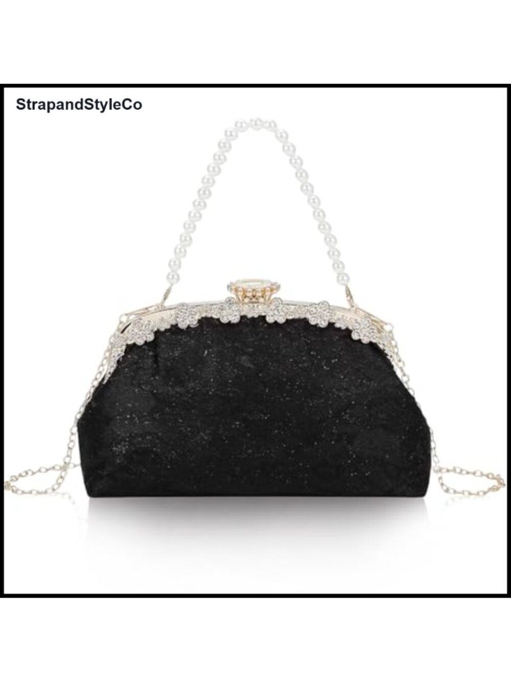 Lace Rhinestone Evening Clutch with Pearl Chain Crossbody Bag Formal